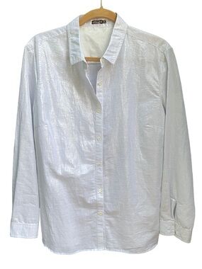 J. McLaughlin white metallic cotton blend shimmer button down blouse size XL